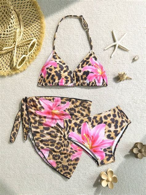 Pcs Set Tween Girls Leopard Lily Flower Print Bikini Swimsuit With Sarong Girls Two Pieces