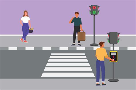 Graphic flat design drawing man pushes a button at a traffic light to