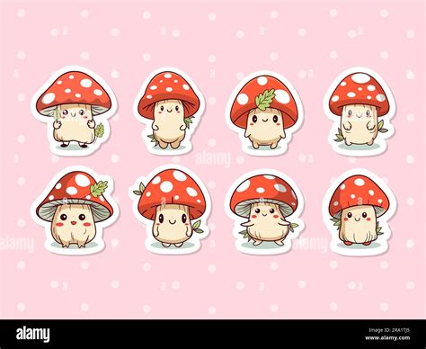 Cute Cartoon Mushroom Sticker Pack For Kids Vector Stock Vector Image