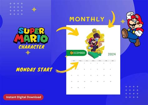 Mario Bros 2024 Calendar Monthly Plus Yearly Printable Desktop Wall