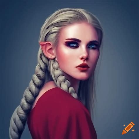 Portrait Of A Blonde Woman With Long Braids In A Red Dress On Craiyon