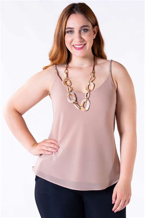 Regata Crepe Alcinha Bordado Nude Rery Roupa Feminina Plus Size