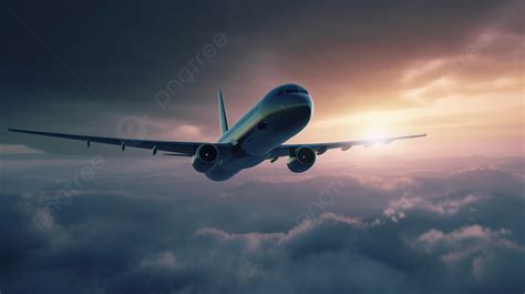 Passenger Jet Is Flying Through The Clouds At Sunset Background D