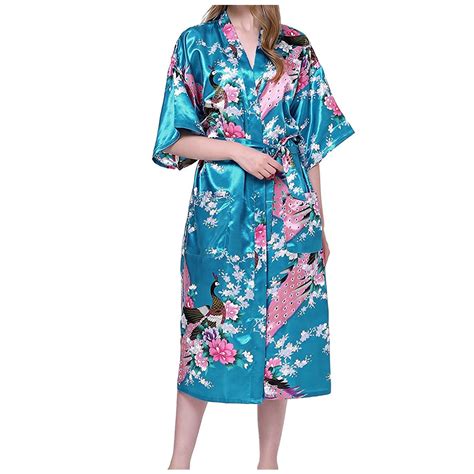 Bellzely Womens Pajamas Plus Size Clearance Women Bathrobes Peacock Kimono Long Dressing Gown