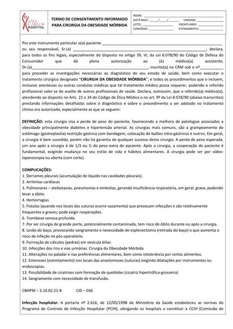 PDF TERMO DE CONSENTIMENTO INFORMADO PARA CIRURGIA DA Lesão do