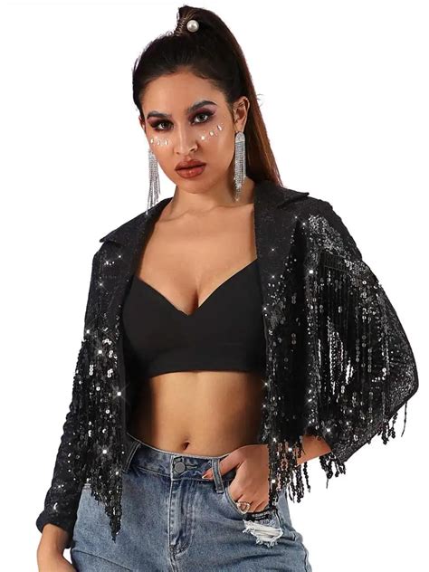 Black Sparkly Fringe Jacket Elegantly Sequin Lapel Jacket Victray