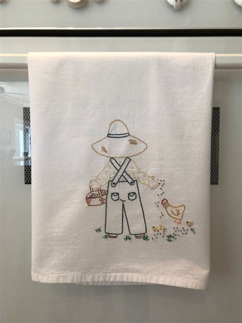 Set Of 7 Hand Embroidered Kitchen Towels With Denim Dan Farmer Theme