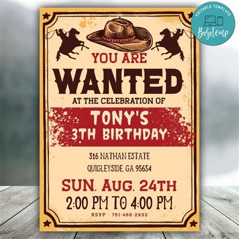 Editable Cowboy Birthday Invitation Digital File Createpartylabels