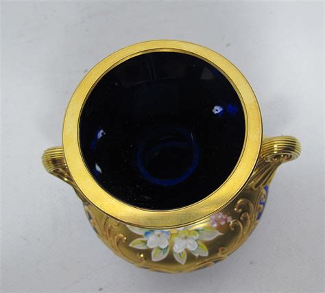 Vintage Bohemian Czech Cobalt Blue Art Glass Floral Vase Gold