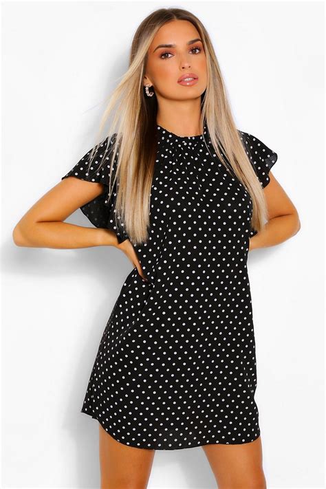 Polka Dot Frill Sleeve Shift Dress Shift Dress Bodycon Fashion Shift Dress Black