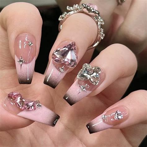 Press On Nails Nude Shade Black French Tips Diamond Accents Rainboo Beauty