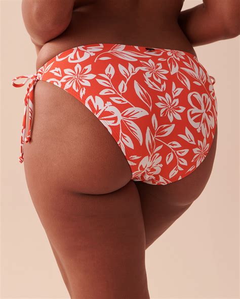 Tahiti Textured Side Tie Brazilian Bikini Bottom Bright Red Hibiscus