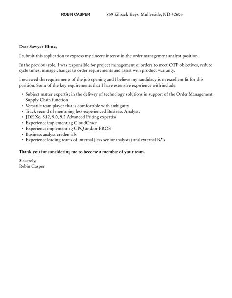 Order Management Analyst Cover Letter Velvet Jobs