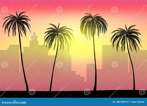 Sunset And Tropical Palm Trees With City Landscape Background Vector