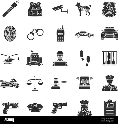 Police glyph icons set. Law enforcement. Transport, protection ...