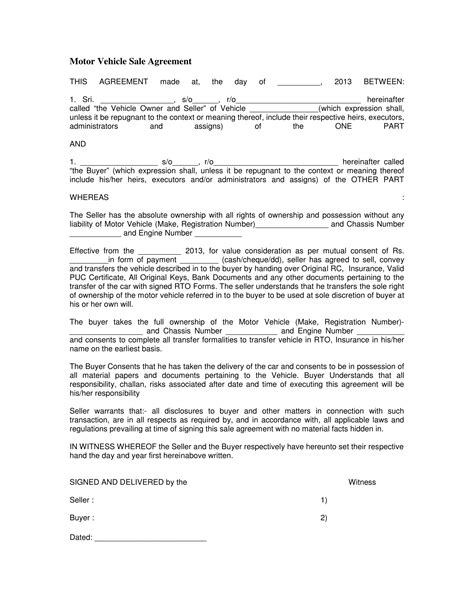 Agreement Of Sale Template For A Vehicle