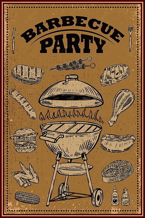 Bbq Party Poster With Hand Drawn Design Elements Template Download on ...