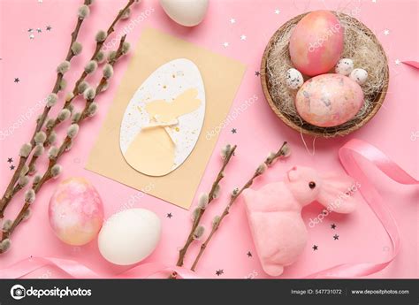 Beautiful Easter Composition Greeting Card Painted Eggs Pussy Willow
