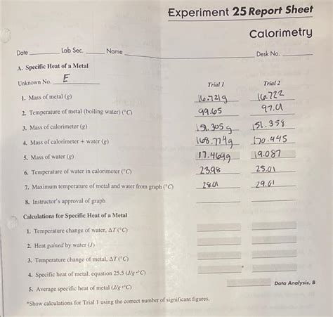 Solved Experiment 25 Report Sheet Calorimetry Lab Sec Date Chegg