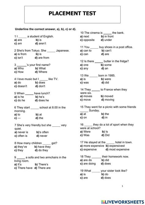 English Placement Test Worksheet