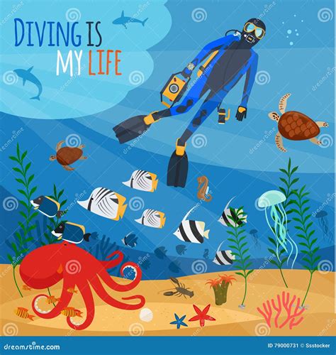 Diver In Sea Underwater Vector Illustration Man Woman People