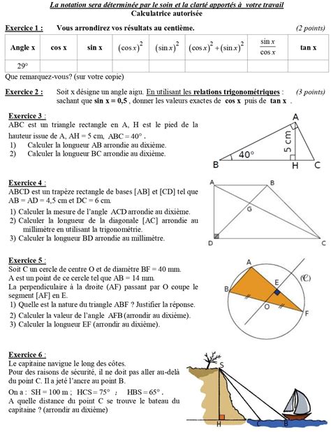 Évaluations sur la trigonométrie avec correction Zoneducation