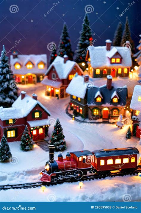 A Christmas Train Set Circling a Snow-Covered Miniature Village, at ...