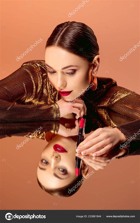 Beautiful Woman Glamorous Makeup Holding Red Lipstick Posing Mirror