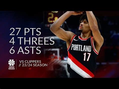 Shaedon Sharpe 27 Pts 4 Threes 6 Asts Vs Clippers 23 24 Season YouTube