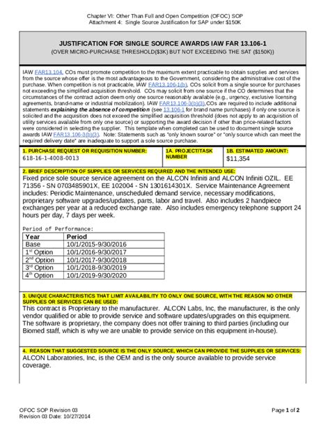 Justification For Single Source Awards Iaw Far Doc Template