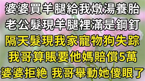 婆婆買羊腿給我燉湯養胎，老公髮現羊腿裡滿是鋼釘，隔天我就髮現我家寵物狗失踪，我哥掰手指算賬要他媽賠償5萬，婆婆拒絶我哥一舉動叫她傻眼