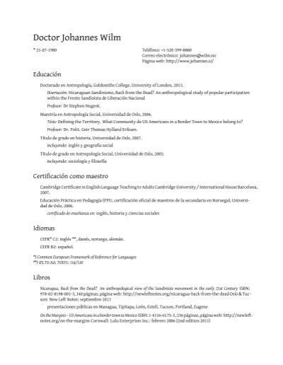 Johannes Wilm Curriculum Vitae Johannes Wilm S World