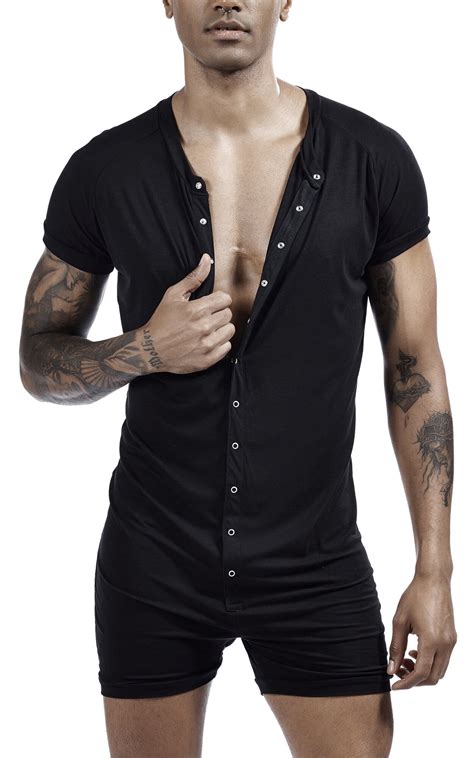 Mens Cotton Pajamas Set Sexy Romper Jumpsuit Short Sleeve Onesie Henley Underwear One Piece