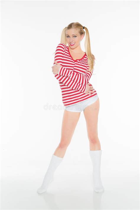 Blonde Red And White Shirt Panties Shorts Stock Image Image Of Glamour Pose 47791055