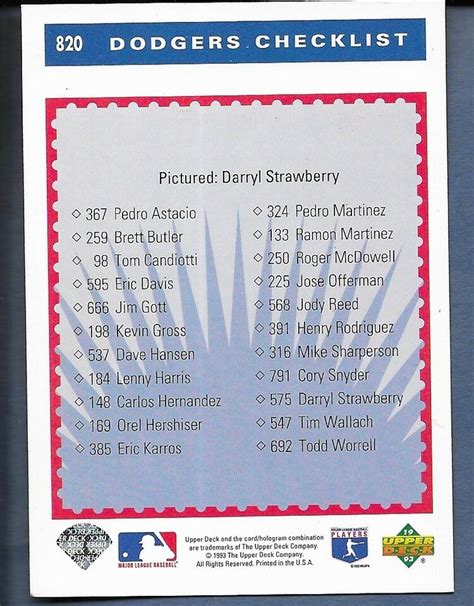 1993 Upper Deck 820 Los Angeles Dodgers Checklist Darryl Strawberry EBay