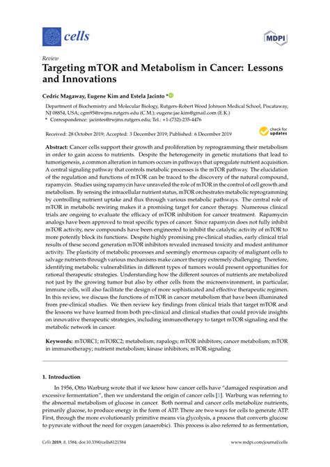 (PDF) Targeting mTOR and Metabolism in Cancer: Lessons and Innovations