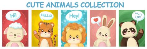 Hand-drawn Cards with Cute Animals, with Text for Stickers, Emoji Stock ...