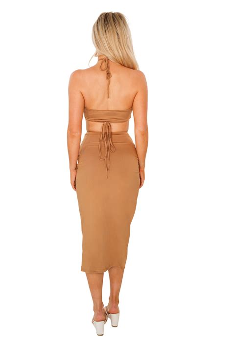 Tan Tight Midi Dress Sexy Slit Cross Halter Cutout O Rings