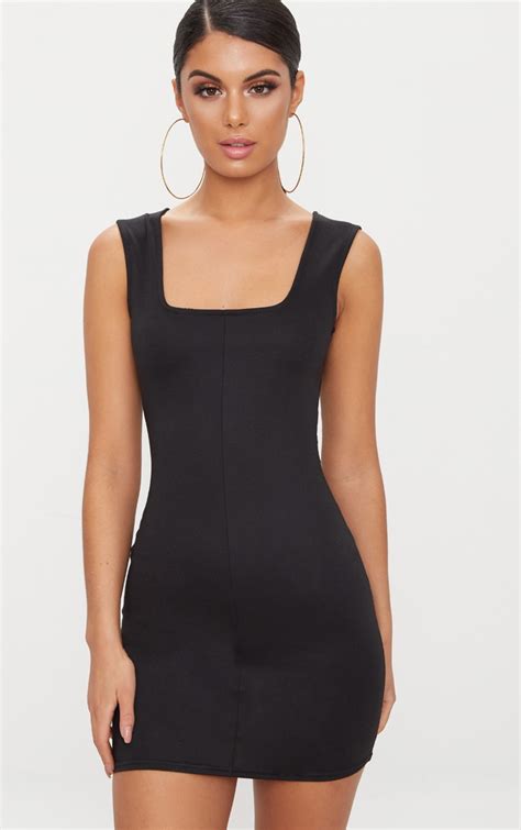 Black Square Neck Panelled Bodycon Dress Prettylittlething Ire