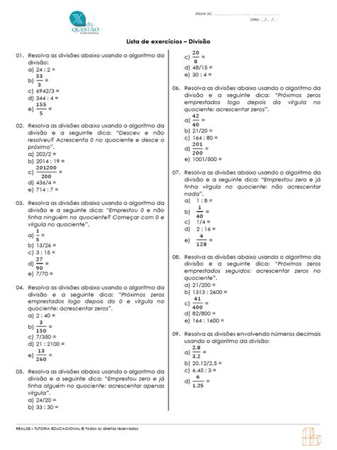 Lista De Exercícios De Divisão Pdf - Lista de Exercícios de Divisão | PDF | Decimal | Números