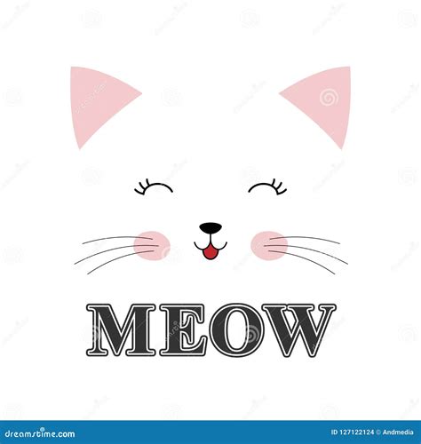 Cute Cartoon Cat and Inscription Meow Isolated on White Background. Stock Vector - Illustration ...