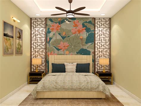 Guest room wall design with floral wallpaper and wooden panels ...