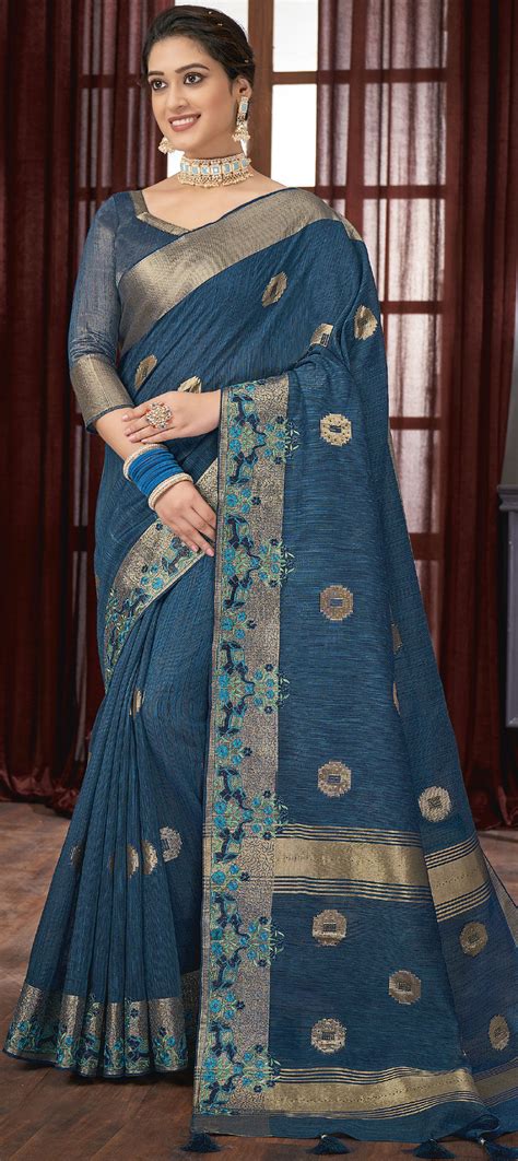 Reception Traditional Blue Color Linen Fabric Saree 1876544