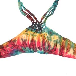 Tie Dye Knotted Lattice Boho Yoga Halter Neck Bikini Top Green Red And Yellow Hand Dyed Bra Top
