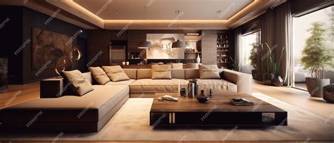 Premium AI Image | A large living room with a large couch and a coffee ...