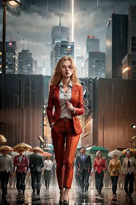 Dopamine Girl Portrait Beautiful Blonde Woman Wearing A Red Business Suit Long Sleeve