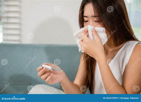 Sick Woman Have Symptom Sick High Fever She Checking Her Temperature