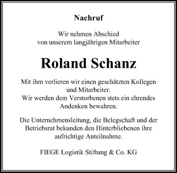 Traueranzeigen Von Roland Schanz Trauer Anzeigen De