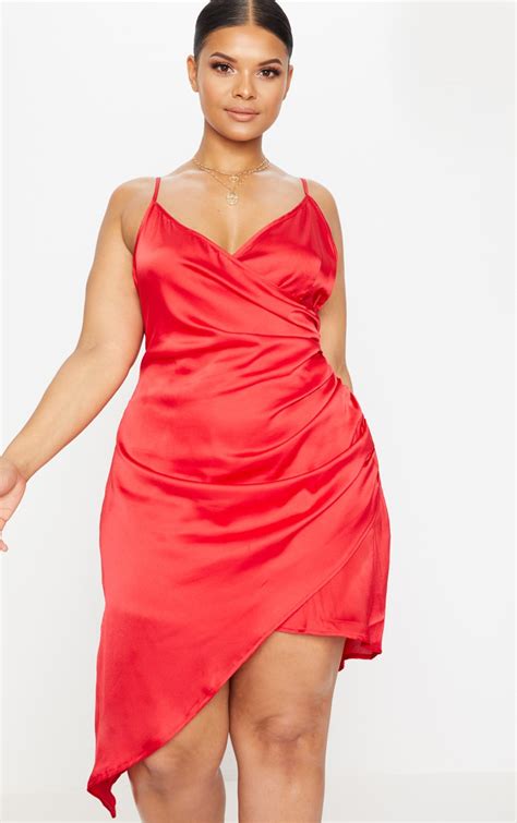 Red Plus Satin Wrap Dress Prettylittlething Aus