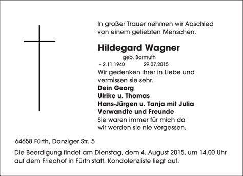 Traueranzeigen Von Hildegard Wagner Vrm Trauer De